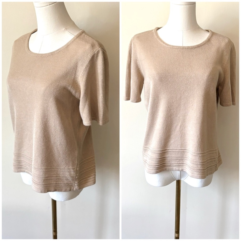 80s 90s Vintage Neutral Tan Contemporary Soft Knit Short Sleeve‎ Sweater Top